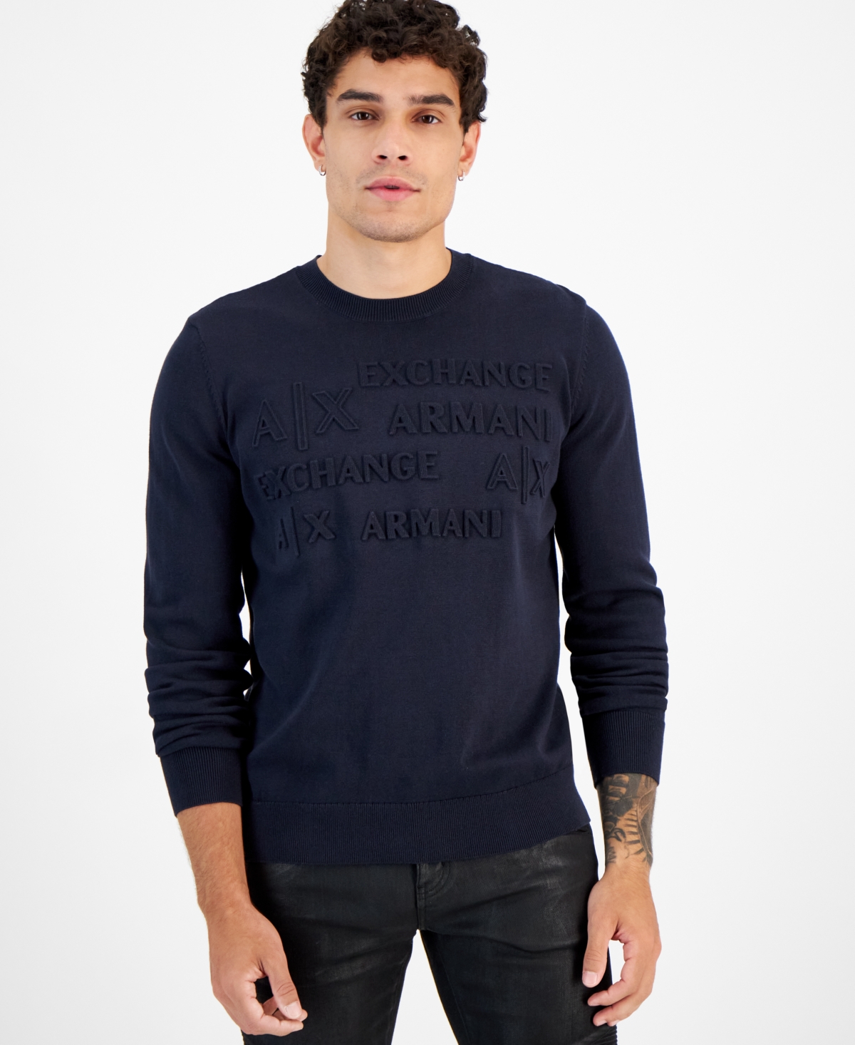 A X Armani Exchange Men's Embossed Monochromatic Logo Sweater In Navy