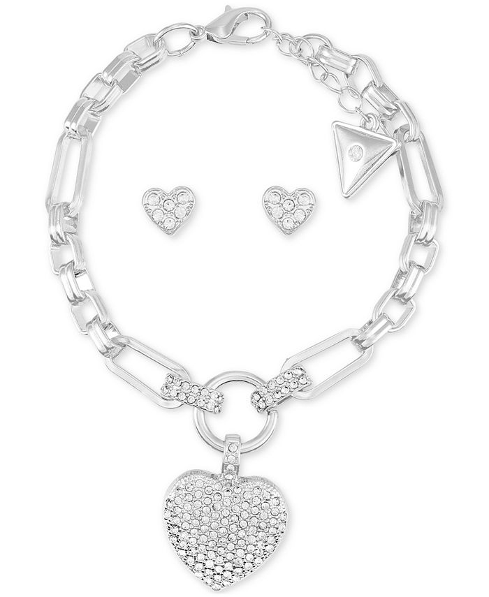 GUESS - Crystal Heart Charm Line Bracelet & Stud Earrings Gift Set