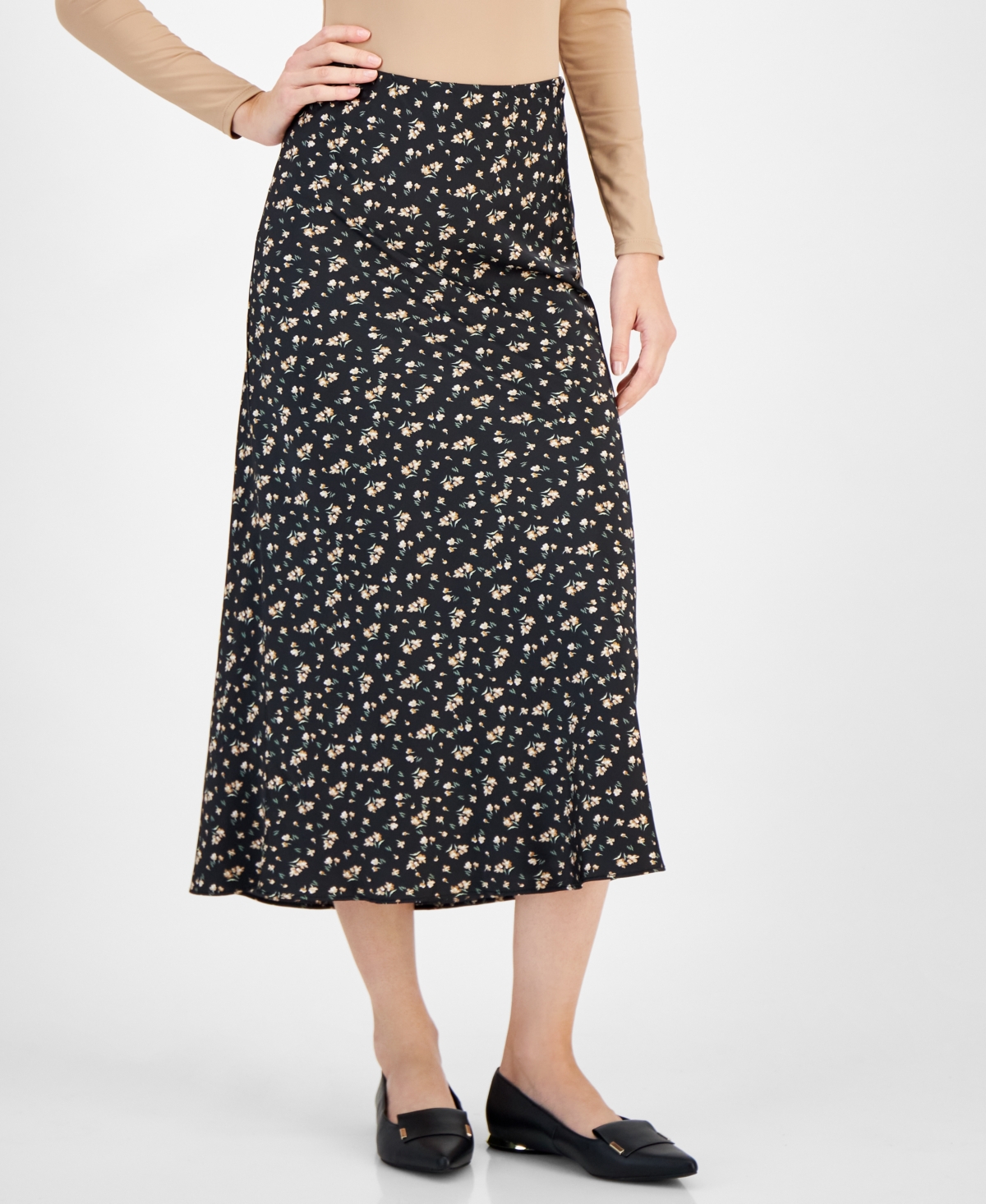 And Now This Women's Satin Midi Skirt, Created For Macy's In Black Floral