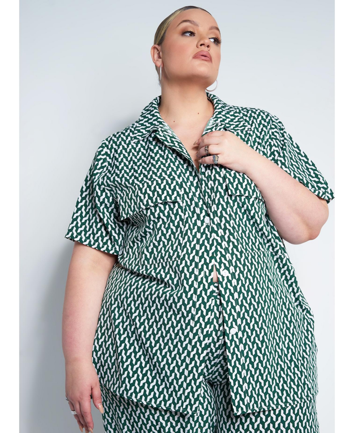 Women's Plus Size Button Down Short Sleeve Blouse - Green