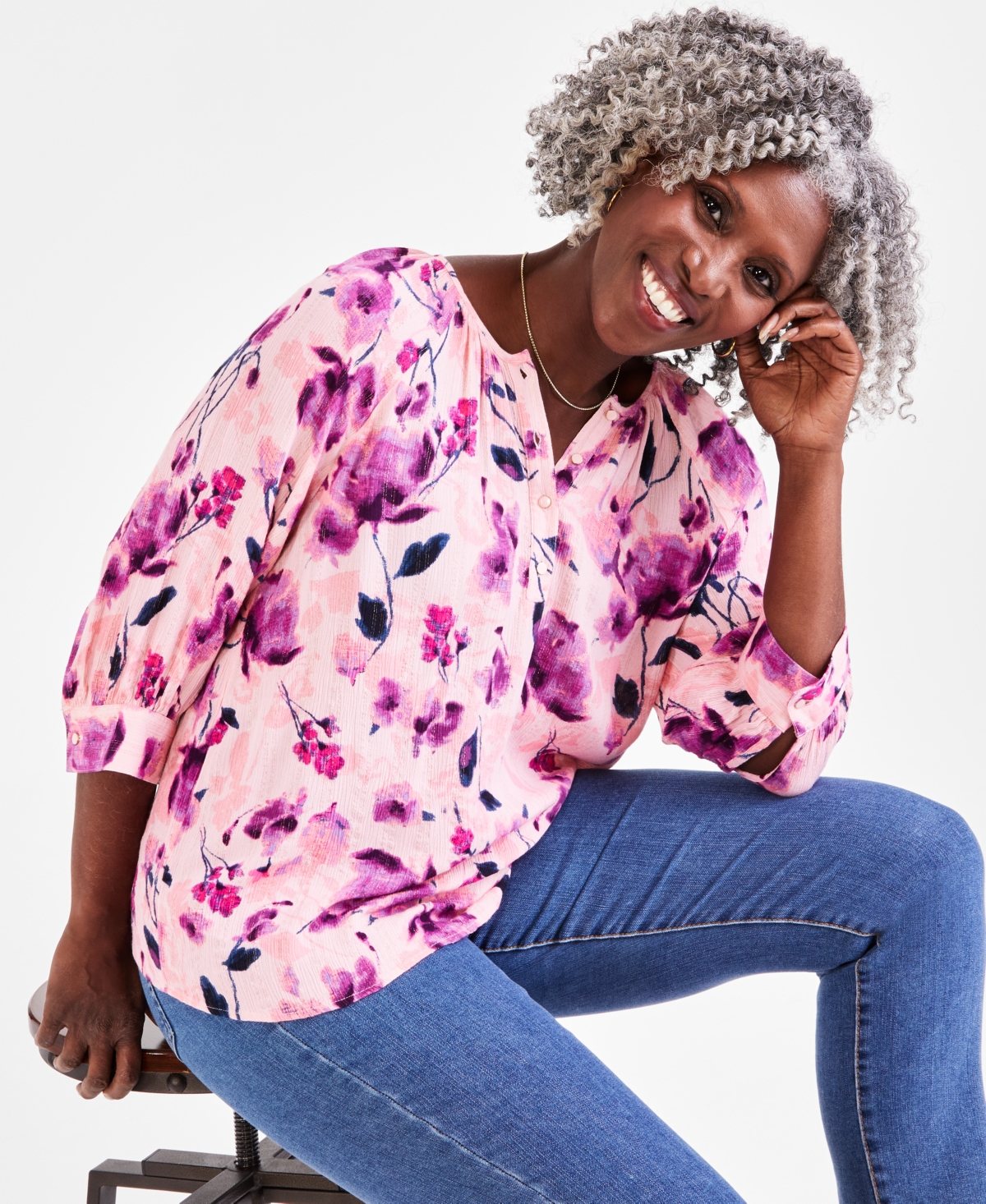 Style & Co Women's Metallic Printed Split Neck Blouse, Created For Macy's In Pink Floral