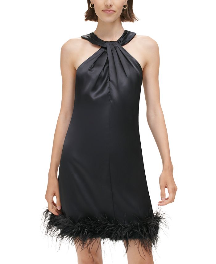 Eliza J Women's Twist-Neck Feather-Trim Shift Dress - Macy's