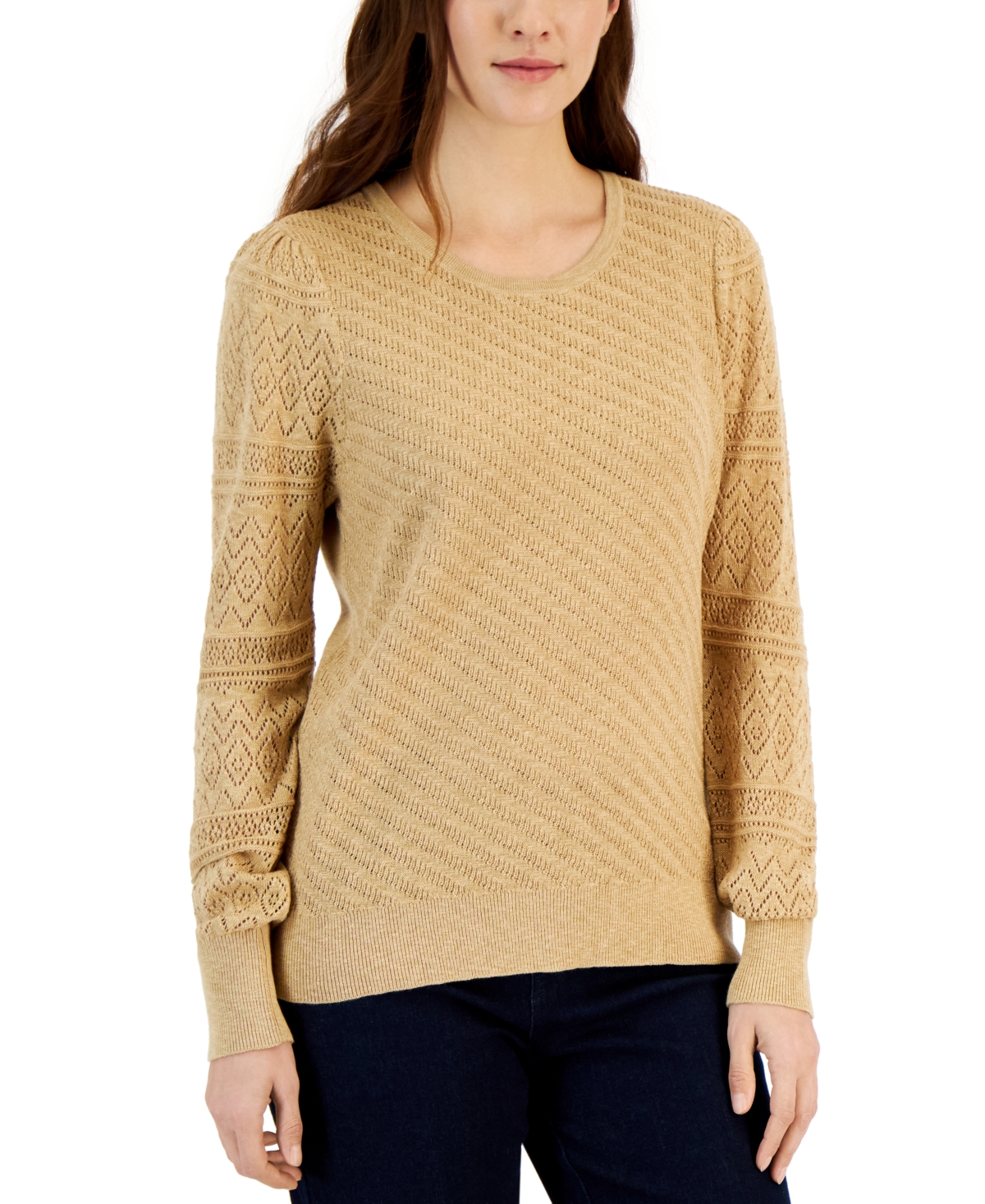 Style & Co Petite Pointelle Pattern Sleeve Sweater, Created For Macy's In Downing Sand