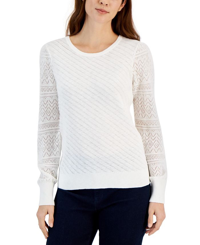 U-Neck Long-Sleeve Pointelle Knit Sweater