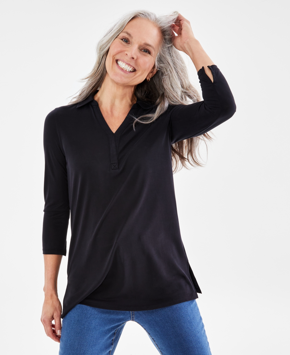 Style & Co Women's 3/4 Sleeve Split-neck Collar Knit Tunic, Created For Macy's In Deep Black