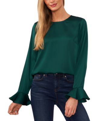 CeCe - Women's Ruffled-Cuff Long-Sleeve Round-Neck Blouse