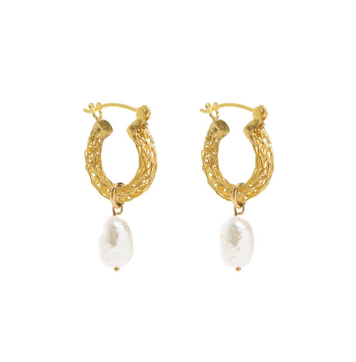 Gold Weave Mini Hoops With Baroque Pearl Earrings - Gold