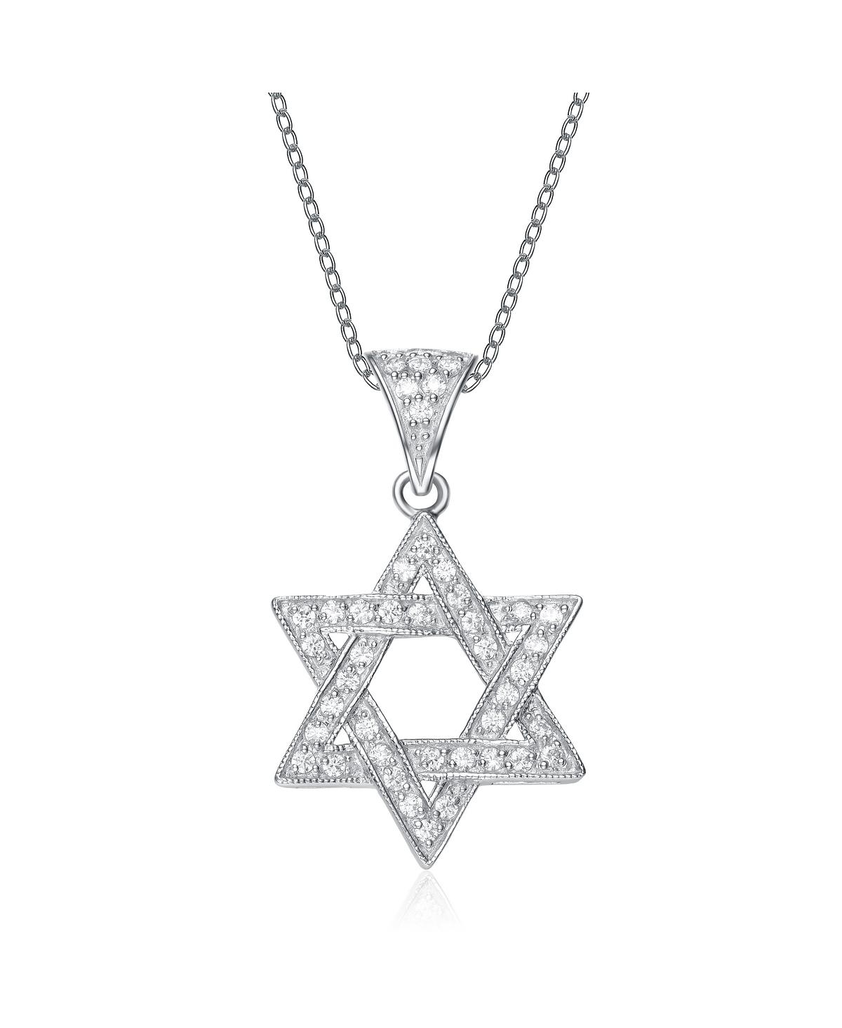 Cubic Zirconia Sterling Silver White Gold Plated Star Of David Drop Pendant - Silver