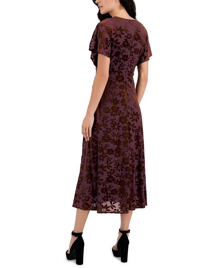 DKNY Women's Velvet Burnout V-Neck Short Flutter Sleeve Faux Wrap High Low Midi Dress