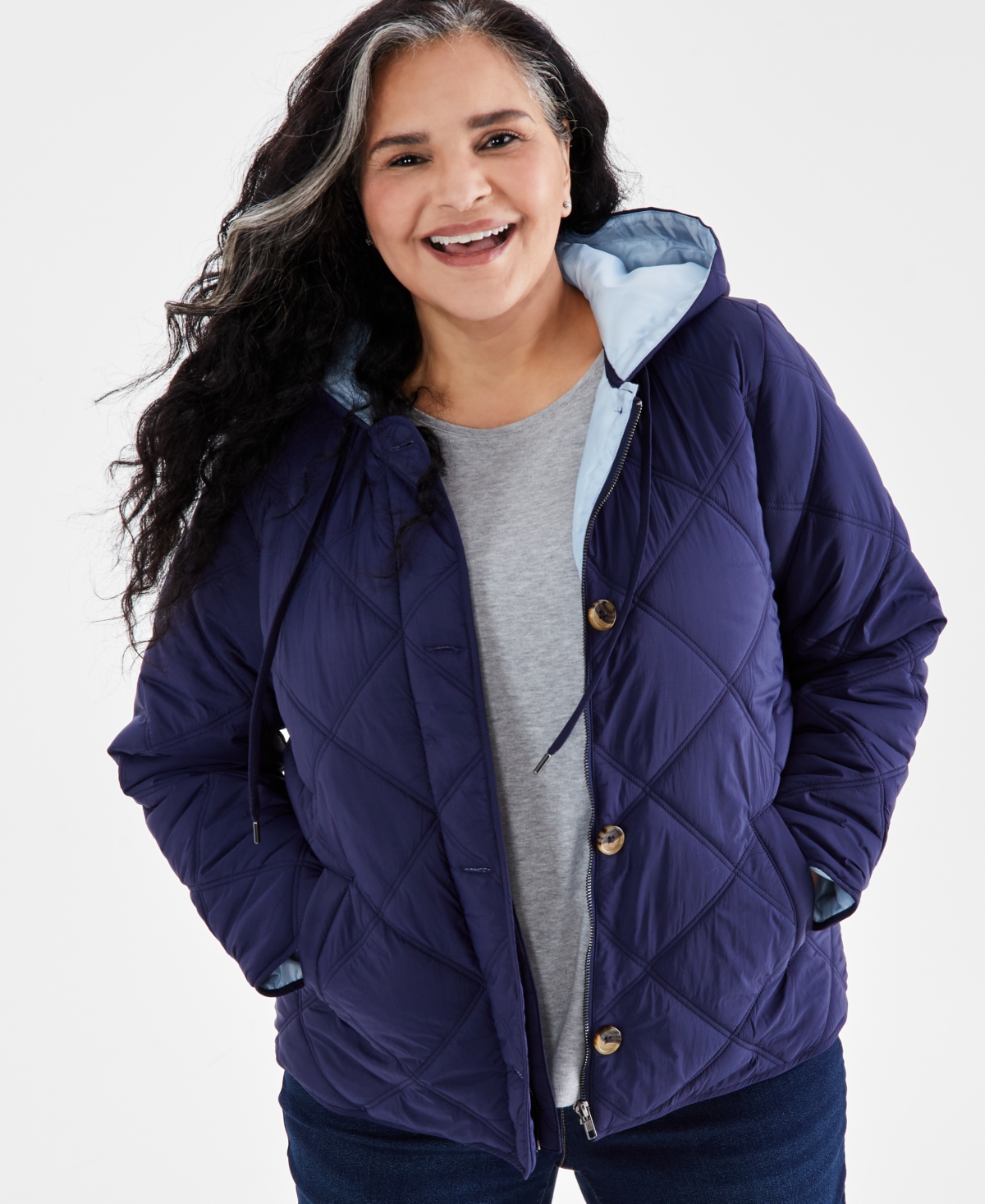Style & Co Plus Size Quilted Hooded Jacket, Created For Macy's In Industrial Blue