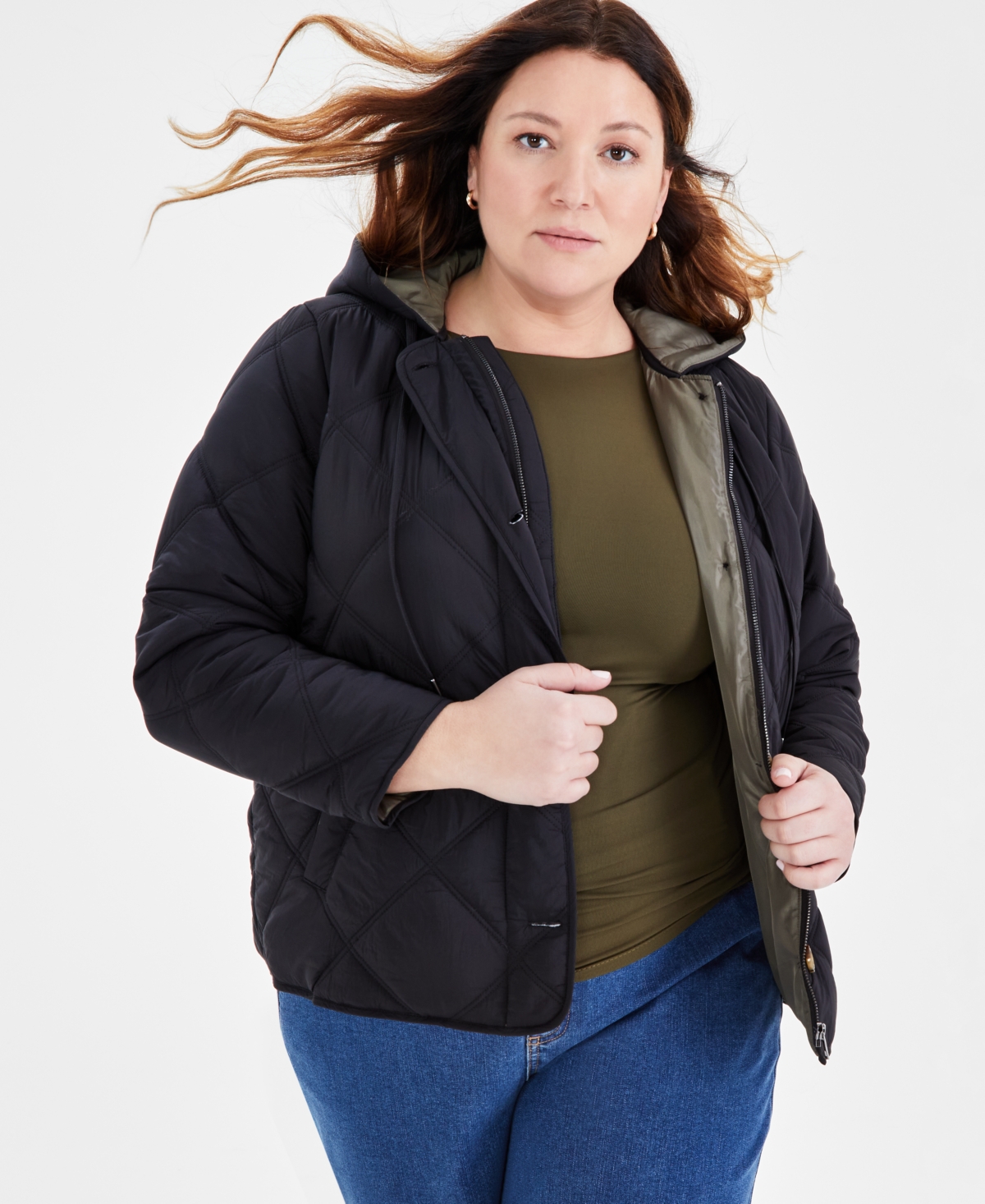Style & Co Plus Size Quilted Hooded Jacket, Created For Macy's In Deep Black