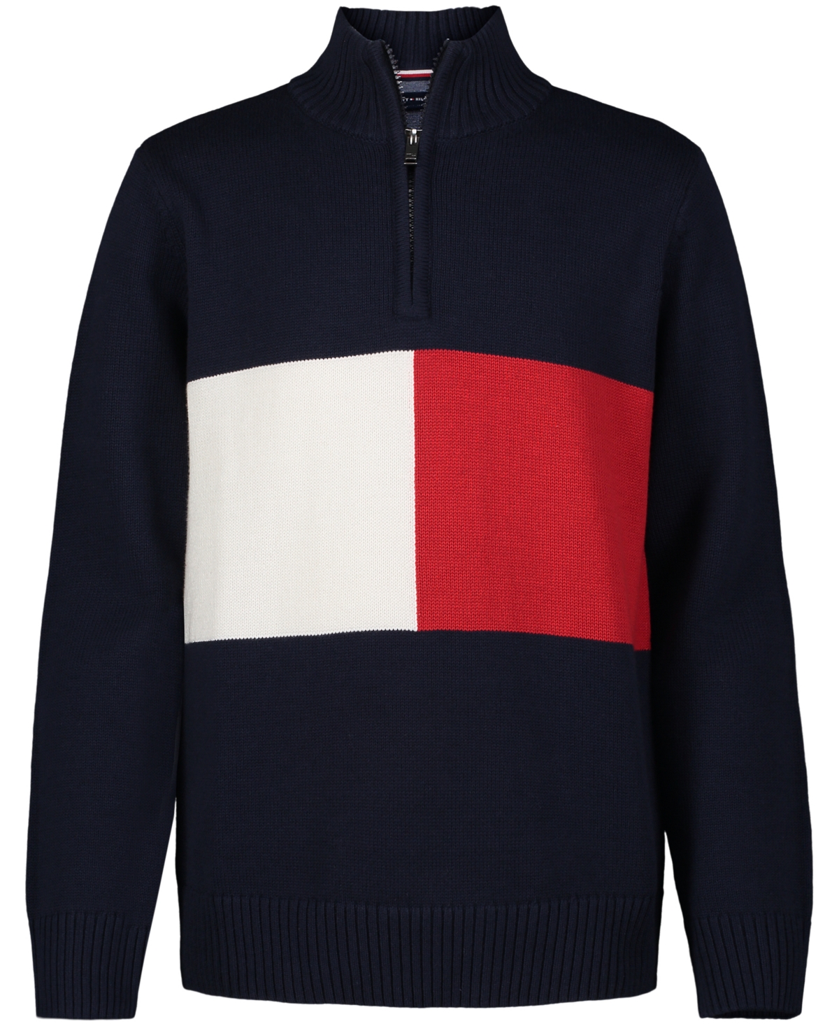 Shop Tommy Hilfiger Little Boys Exploded Flag Long Sleeve Quarter Zip Sweater In Navy Blazer