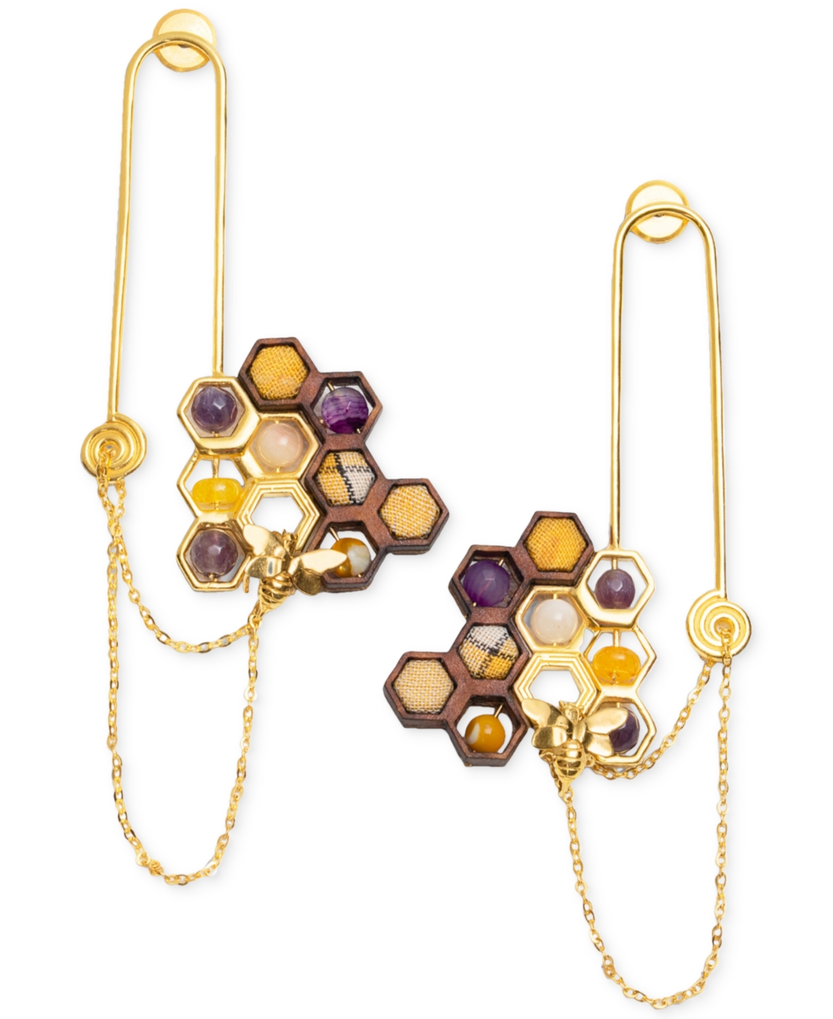 18k Gold-Plated Mixed Gemstone Honeycomb & Chain Drop Earrings - Yw Gld