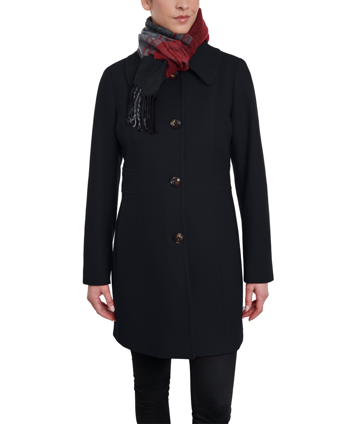 Women's Single-Breasted Peacoat & Scarf - Black