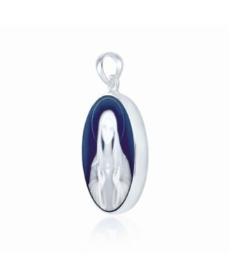 Blue CZ Miraculous Our Lady Of Guadalupe Oval Virgin Mary Cameo Pendant Necklace Sterling Silver