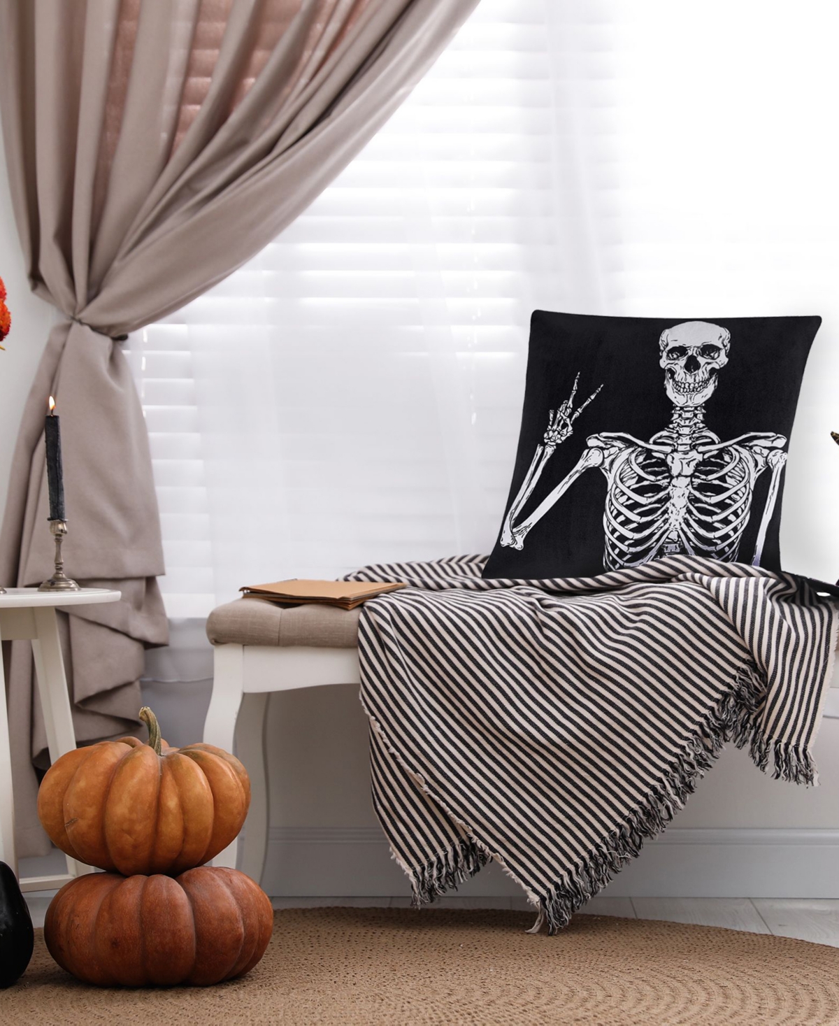 Edie@Home Halloween Velvet Peace Skeleton Decorative Pillow, 18