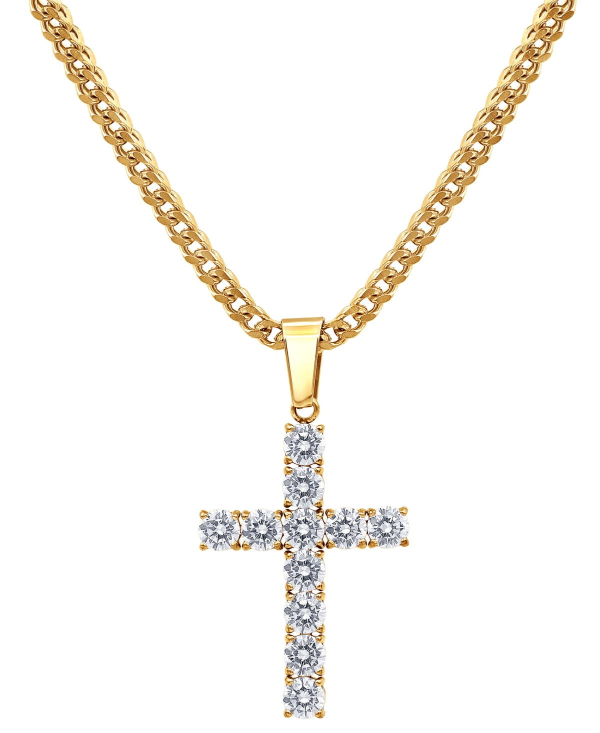 Men's Cubic Zirconia Cross 24" Pendant Necklace in Black-Ion Plated Stainless Steel - Gold-Tone