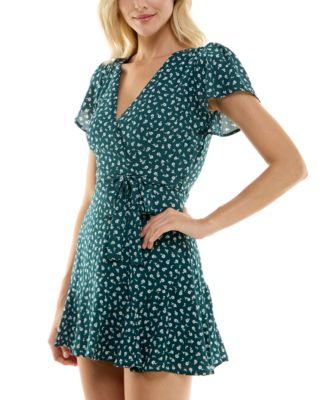 Trixxi Juniors' Floral-Print Tie-Waist Flutter-Sleeve Godet Dress
