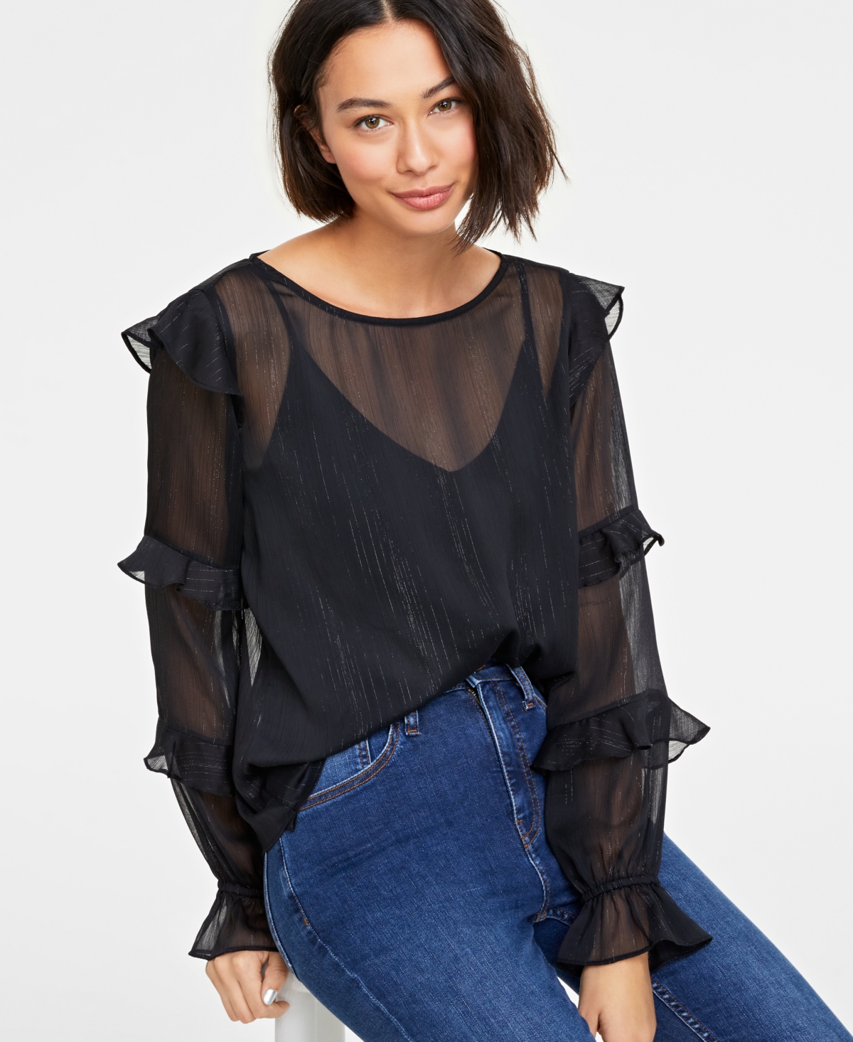 On 34th Women's Sheer Ruffle-trim Top, Created For Macy's In Deep Black