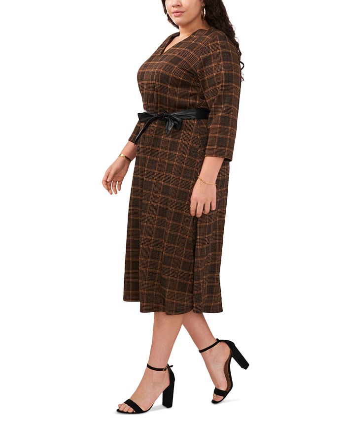 MSK Plus Size Plaid-Print 3/4-Sleeve Tie-Belt Midi Dress - Macy's