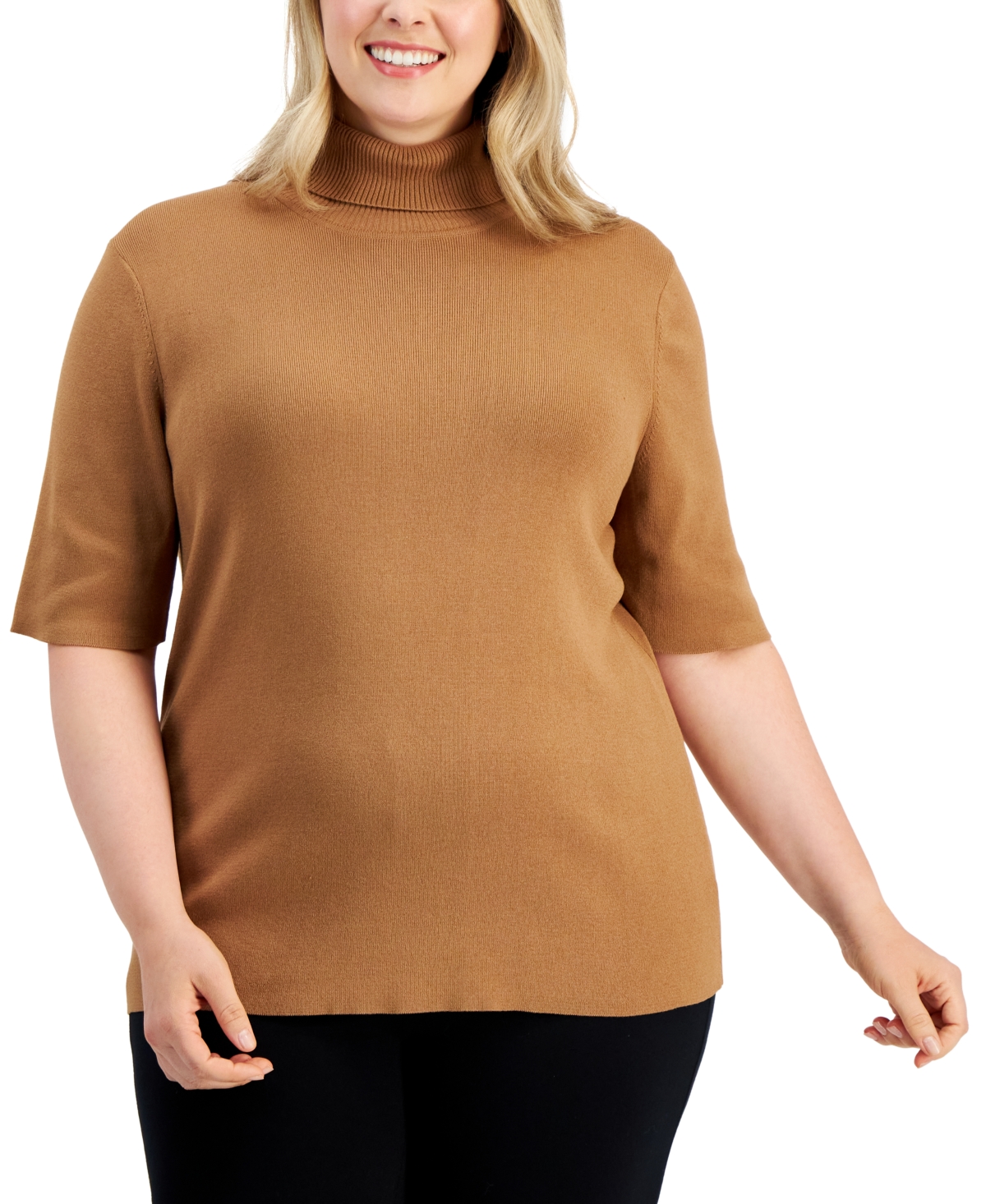 Anne Klein Plus Size Elbow-sleeve Turtleneck Sweater In Vicuna