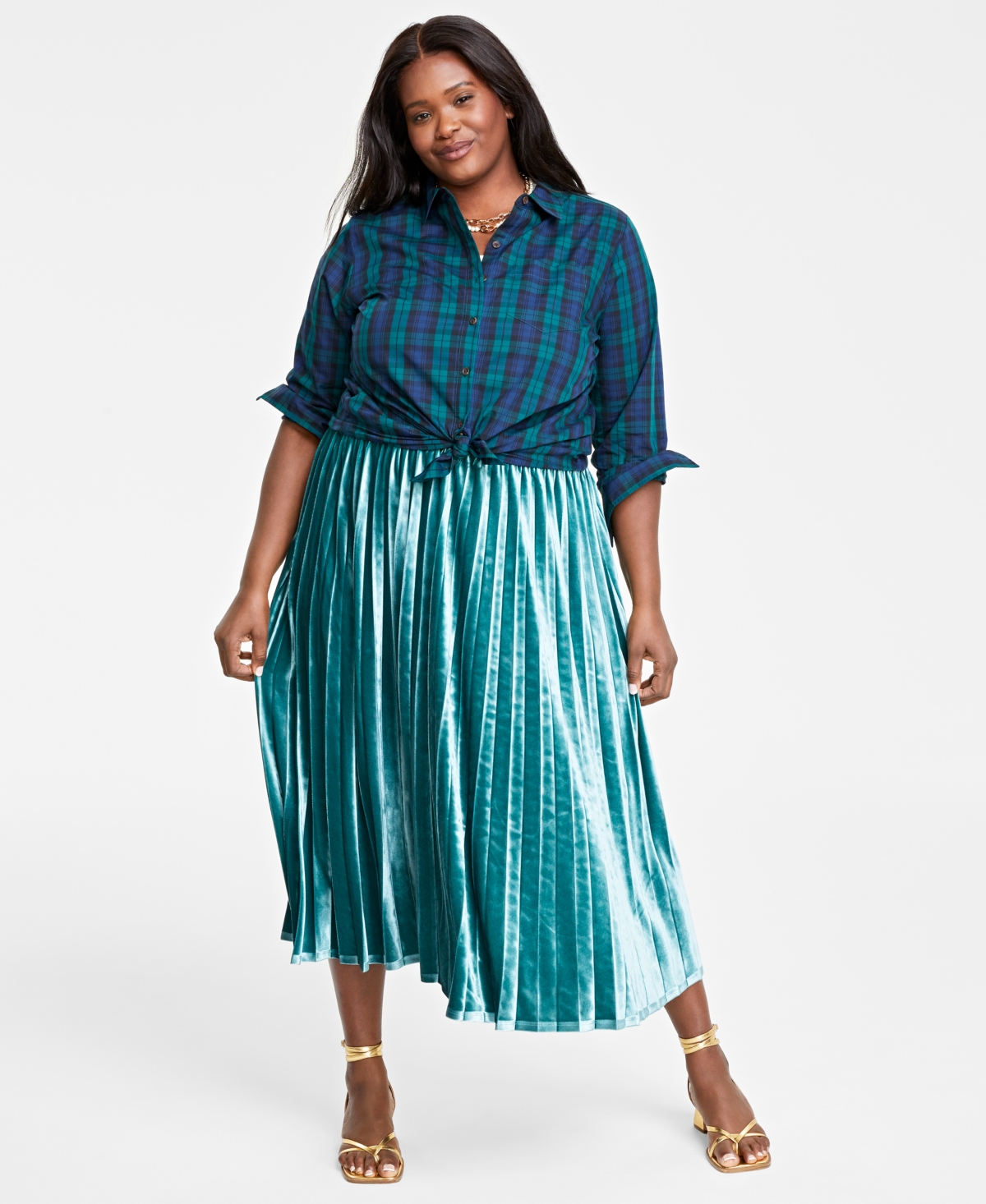 ON 34TH PLUS SIZE COTTON PLAID BUTTON-FRONT SHIRT, CREATED FOR MACY'S