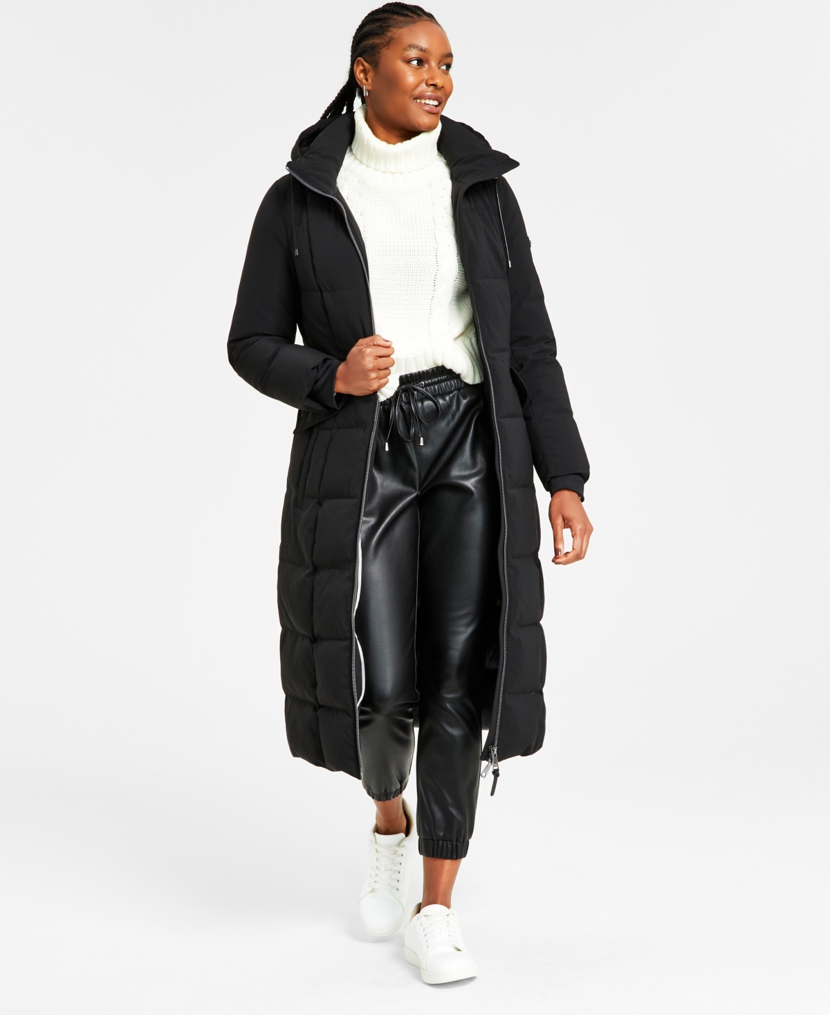 Dkny Womens Maxi Belted Hooded Puffer Coat In Black