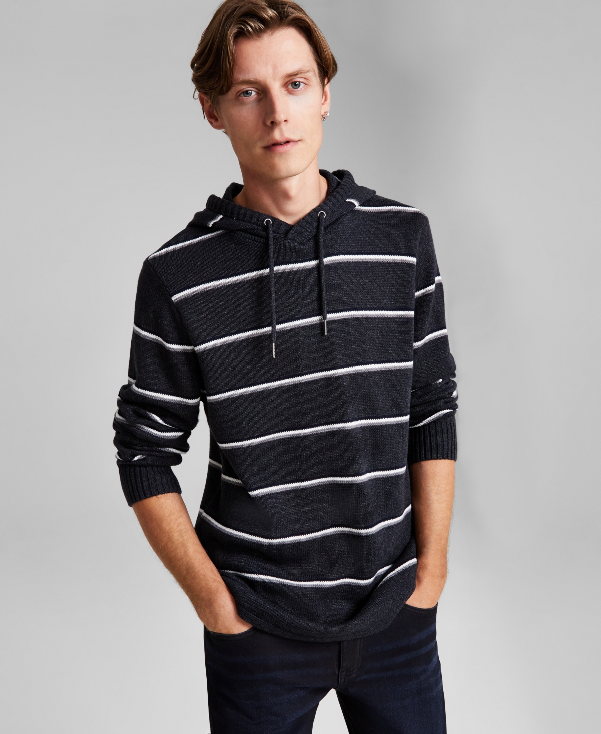 Men's Regular-Fit Stripe Hooded Sweater, Created for Macy's - Charcoal Heather