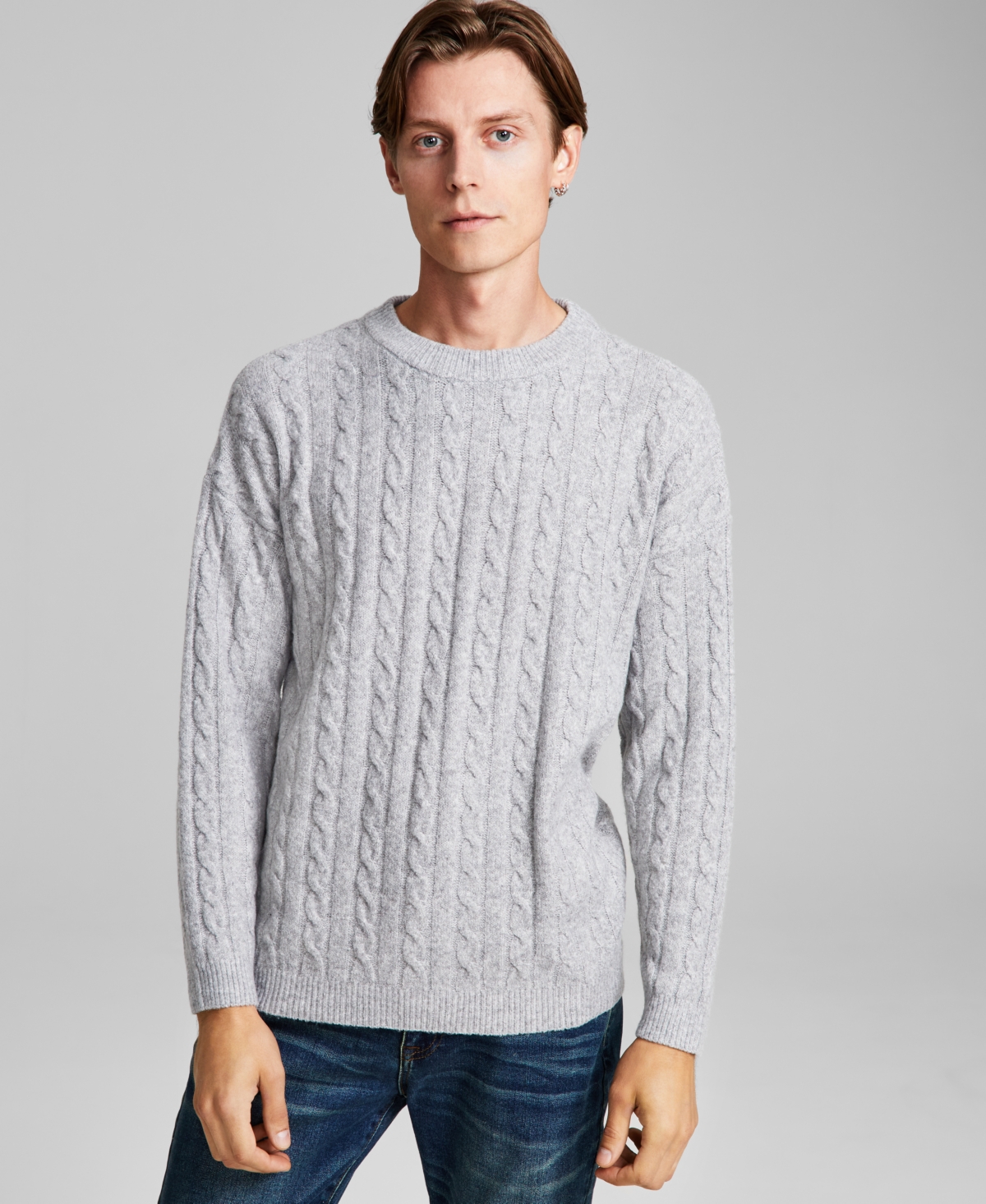And Now This Men's Regular-fit Cable-knit Crewneck Sweater, Created For Macy's In Heather Grey