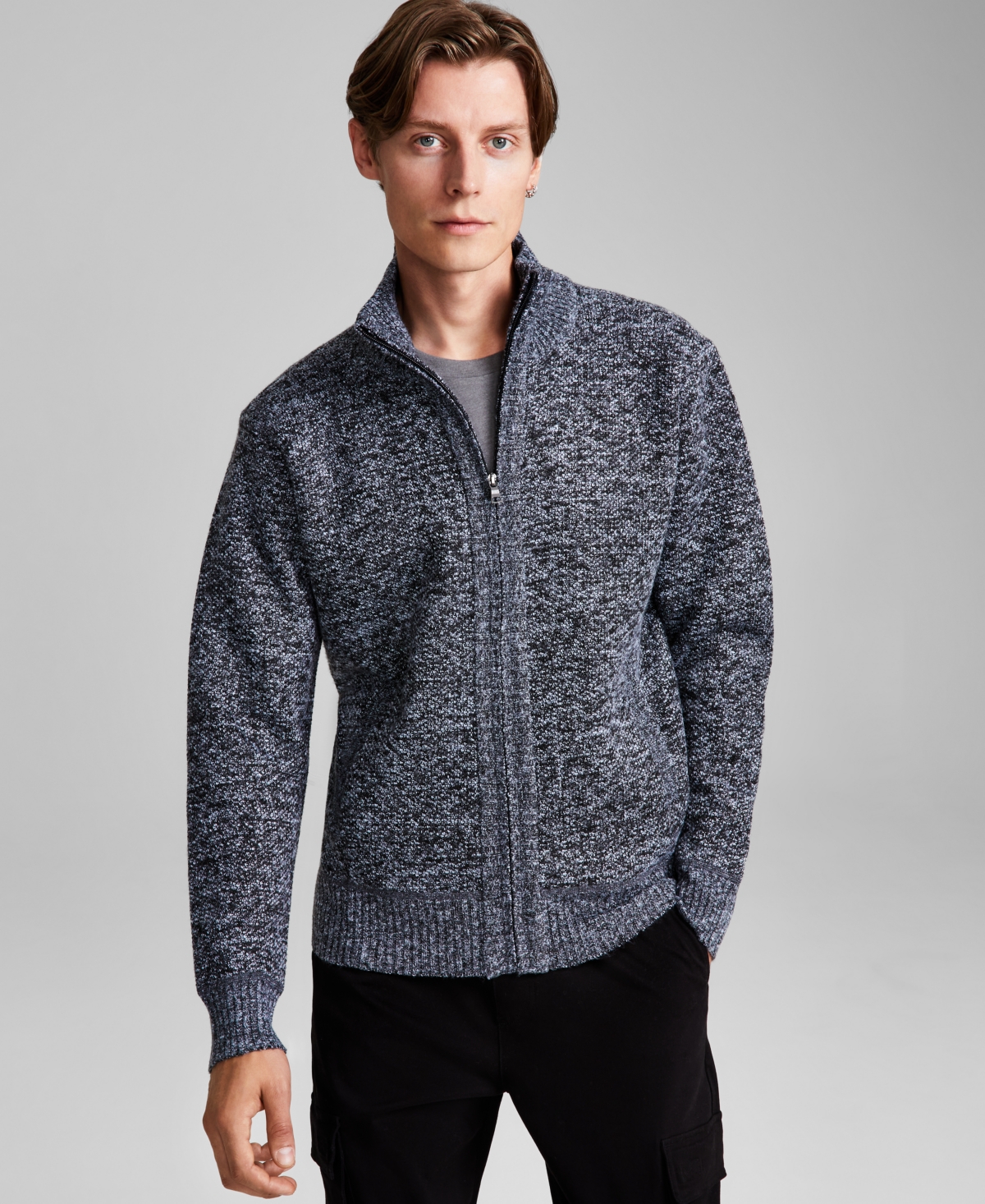 Men's Regular-Fit Full-Zip Fleece Cardigan, Created for Macy's - Grey Ebony