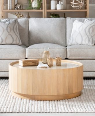 Biscayne 40" Wood with Travertine Top Round Coffee Table