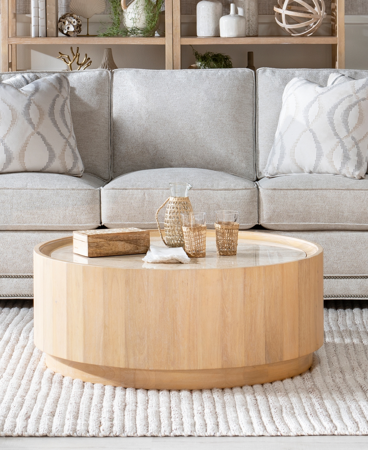Biscayne Wood with Travertine Top Round Cocktail Table - Malabar with Alabaster Fronts