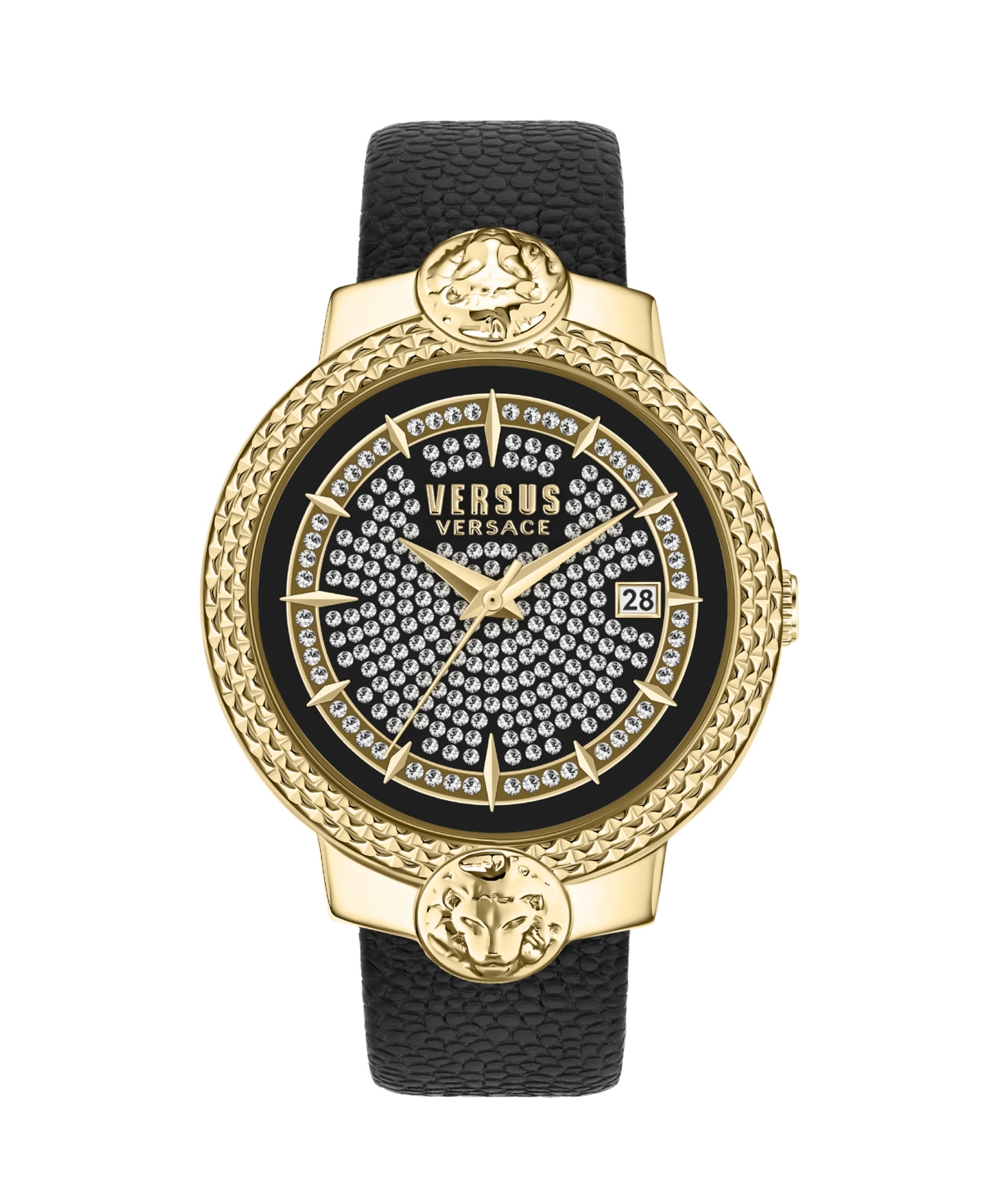 Versus Women's Watch 3 Hand Date Quartz Mouffetard Crystal Dial Black Leather Strap Watch 38mm In Gold