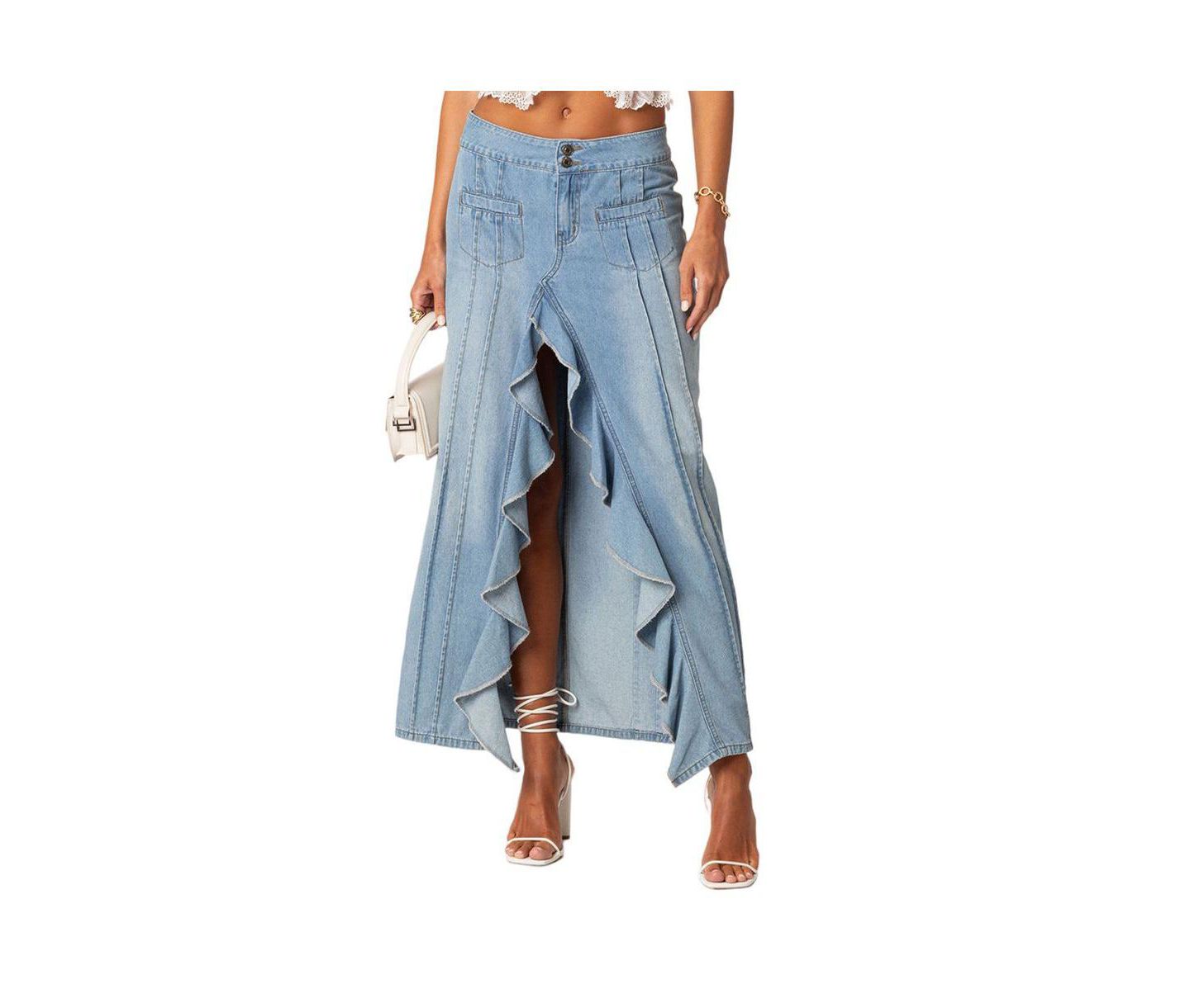 Женская юбка Edikted Valencia Ruffle Slitted Denim Maxi, цвет: Синий — фото 1