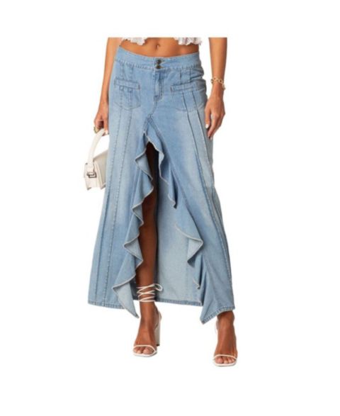 Женская юбка Edikted Valencia Ruffle Slitted Denim Maxi, цвет: Синий