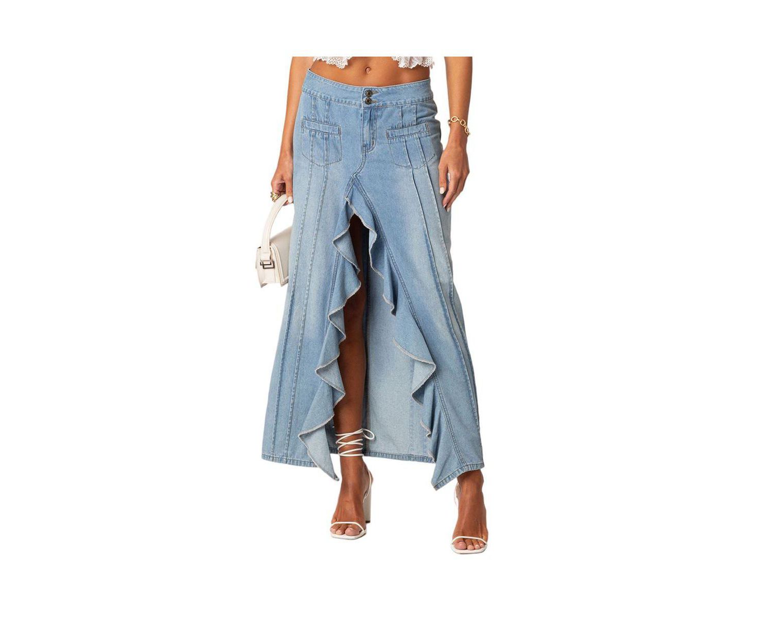 Women's Valencia Ruffle Slitted Denim Maxi Skirt