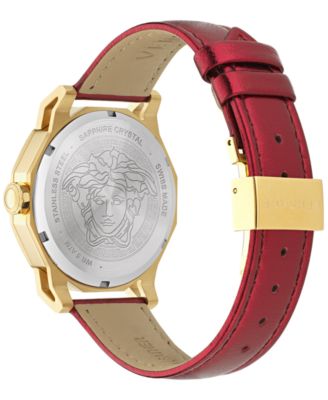 Women's Swiss Medusa Deco Red Leather Strap Watch 38mm