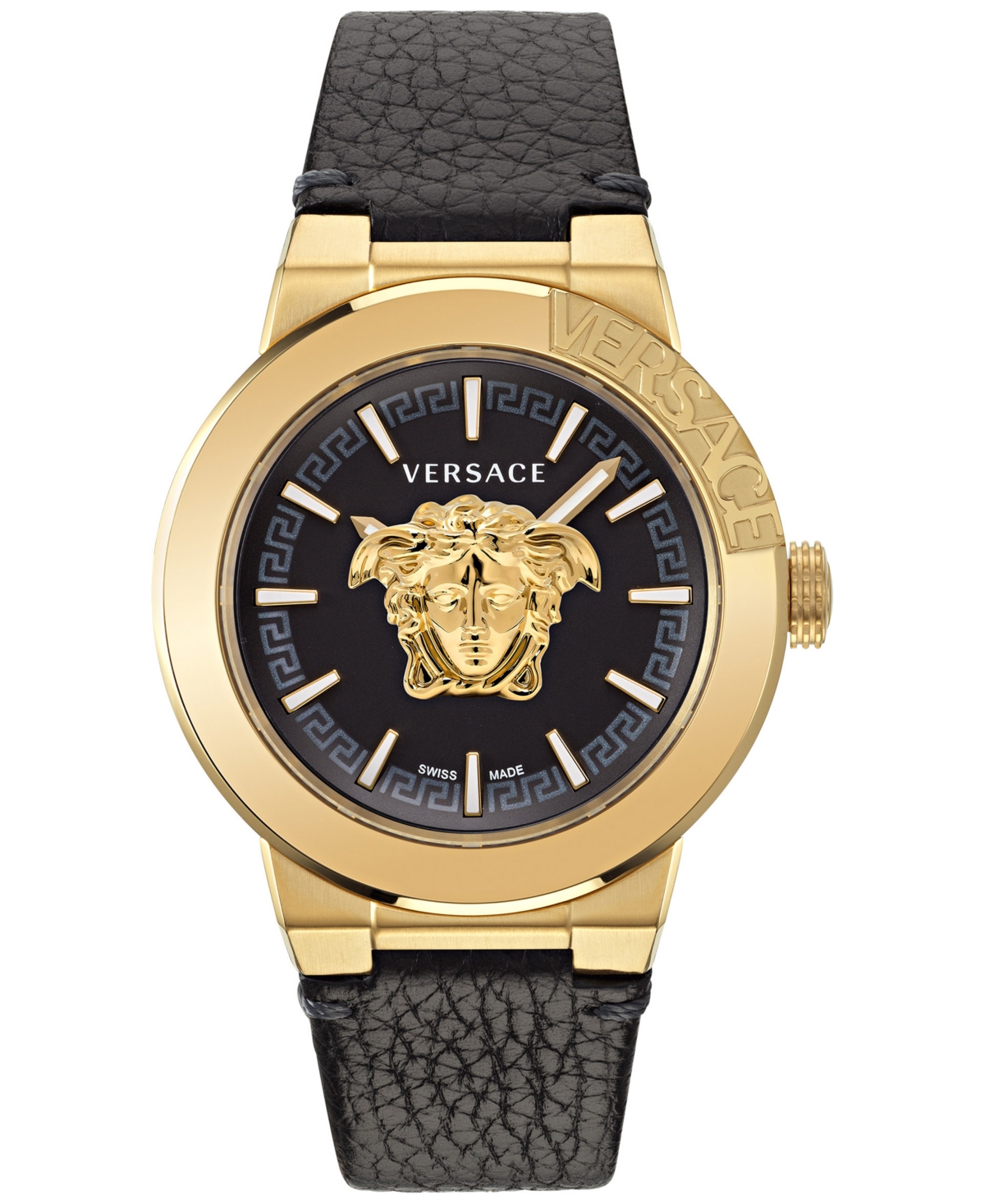 Shop Versace Men's Swiss Medusa Infinite Black Leather Strap Watch 47mm In Ip Yellow Gold