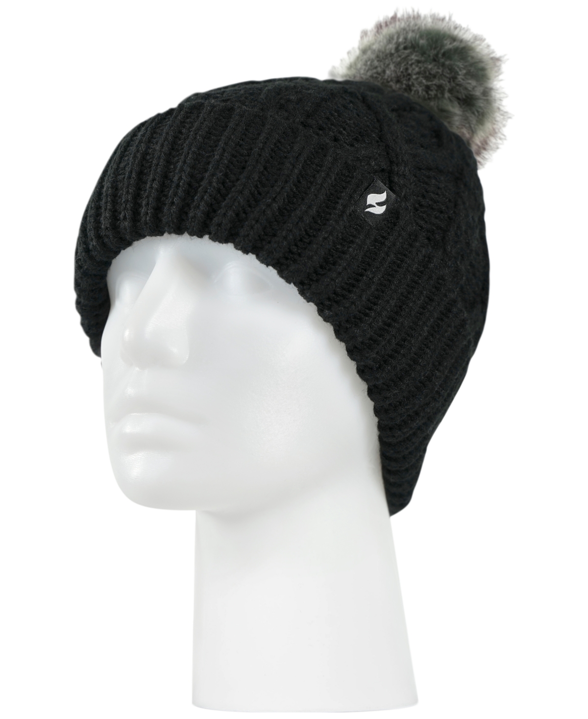 Heat Holders Brina Solid Cable Knit Roll Up Pom-pom Hat In Black
