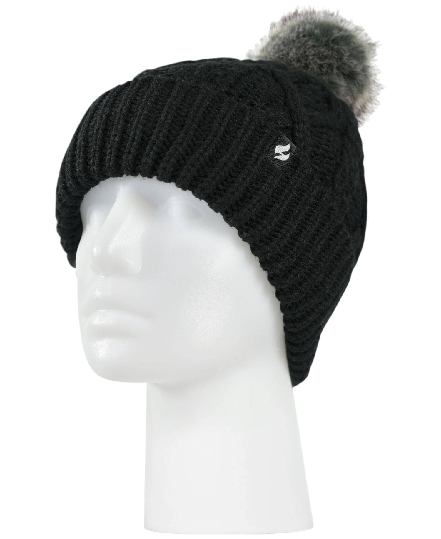 Brina Solid Cable Knit Roll Up Pom-Pom Hat