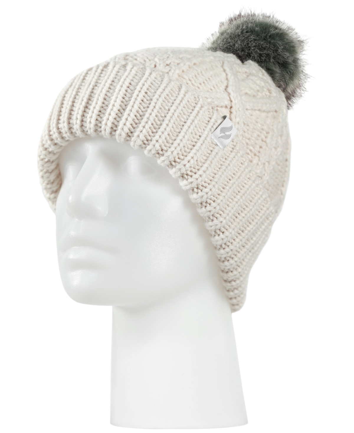 Heat Holders Brina Solid Cable Knit Roll Up Pom-pom Hat In Cream