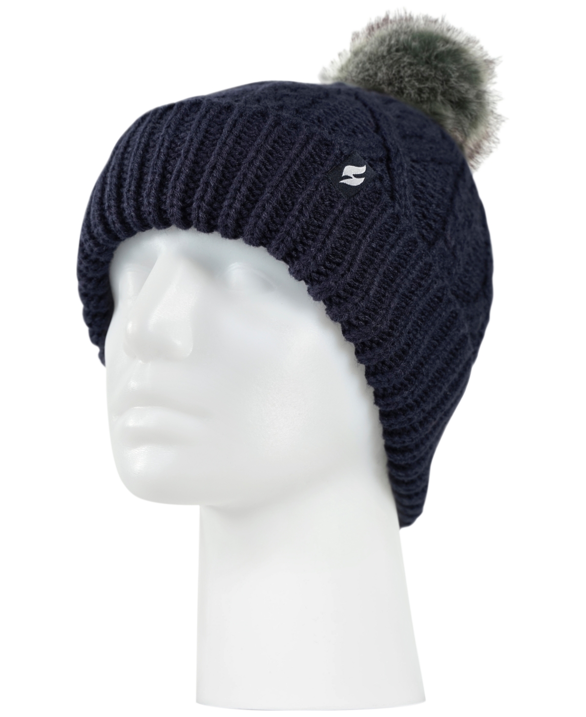 Heat Holders Brina Solid Cable Knit Roll Up Pom-pom Hat In Navy