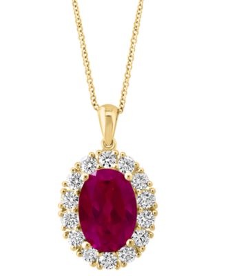 EFFY&reg; Lab Grown Ruby (6-3/4 ct. t.w.) & Lab Grown Diamond (1-3/8 ct. t.w.) Oval Halo 18" Pendant Necklace in 14k Gold
