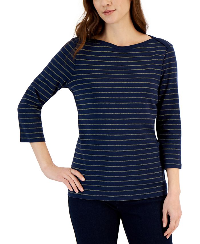 Style & Co Petite Holly Stripe 3/4-Sleeve Boat-Neck Top, Created for ...