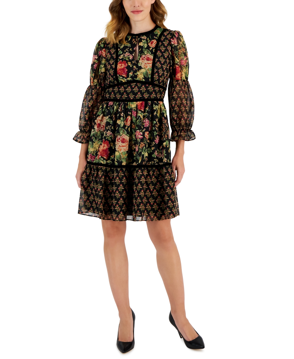 Women's Mixed-Print Velvet-Trim 3/4-Sleeve Dress - Black Multi