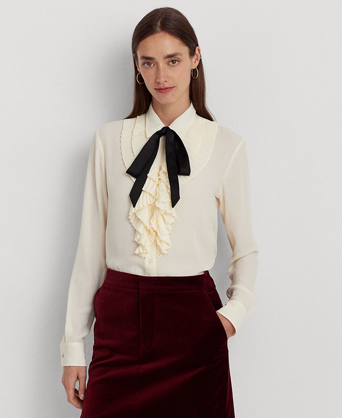 Lauren Ralph Lauren Women's Ruffle-Trim Georgette Tie-Neck Shirt - Macy's