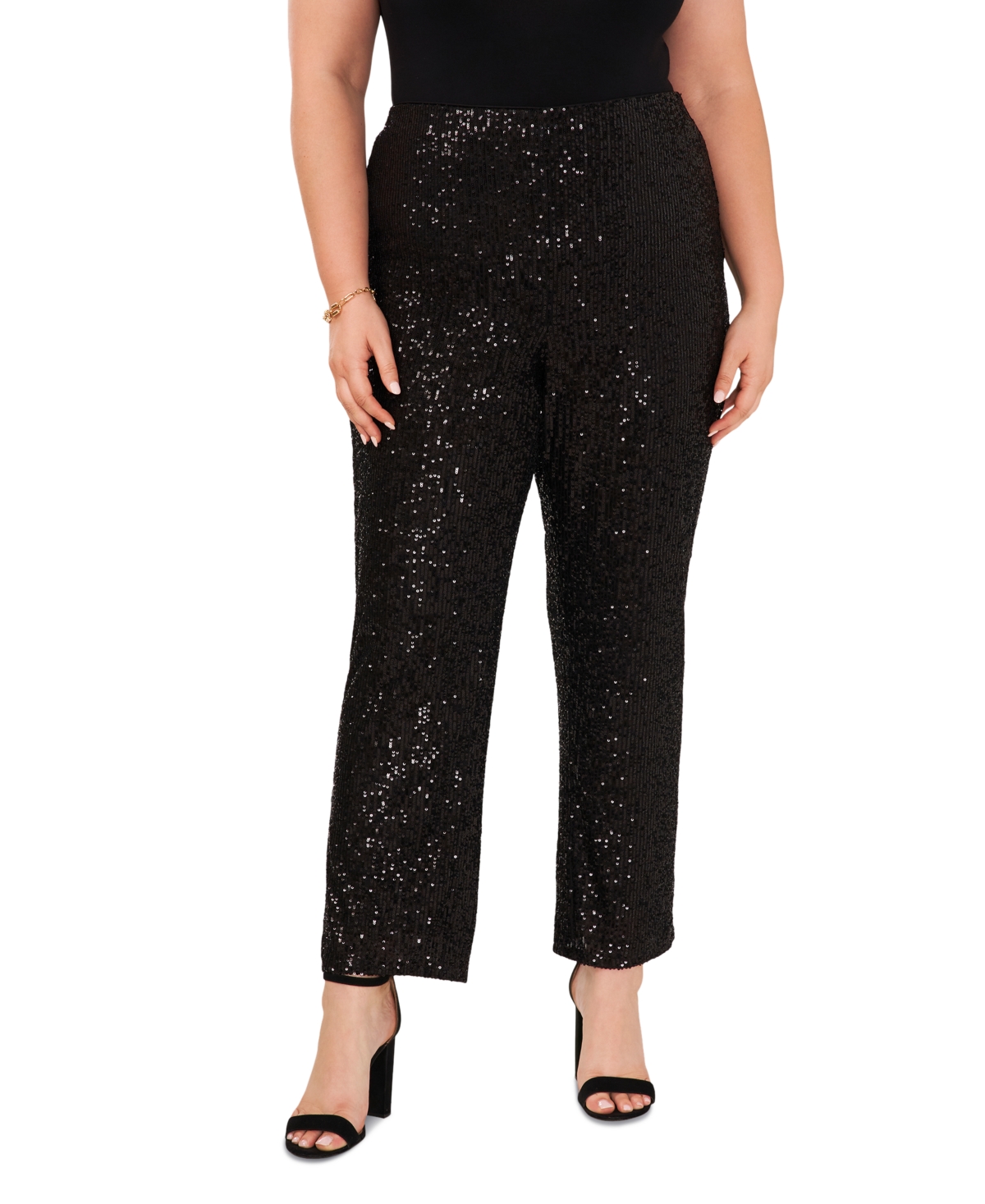 Msk Plus Size Sequined Mesh Pull-on Palazzo Pants In Black