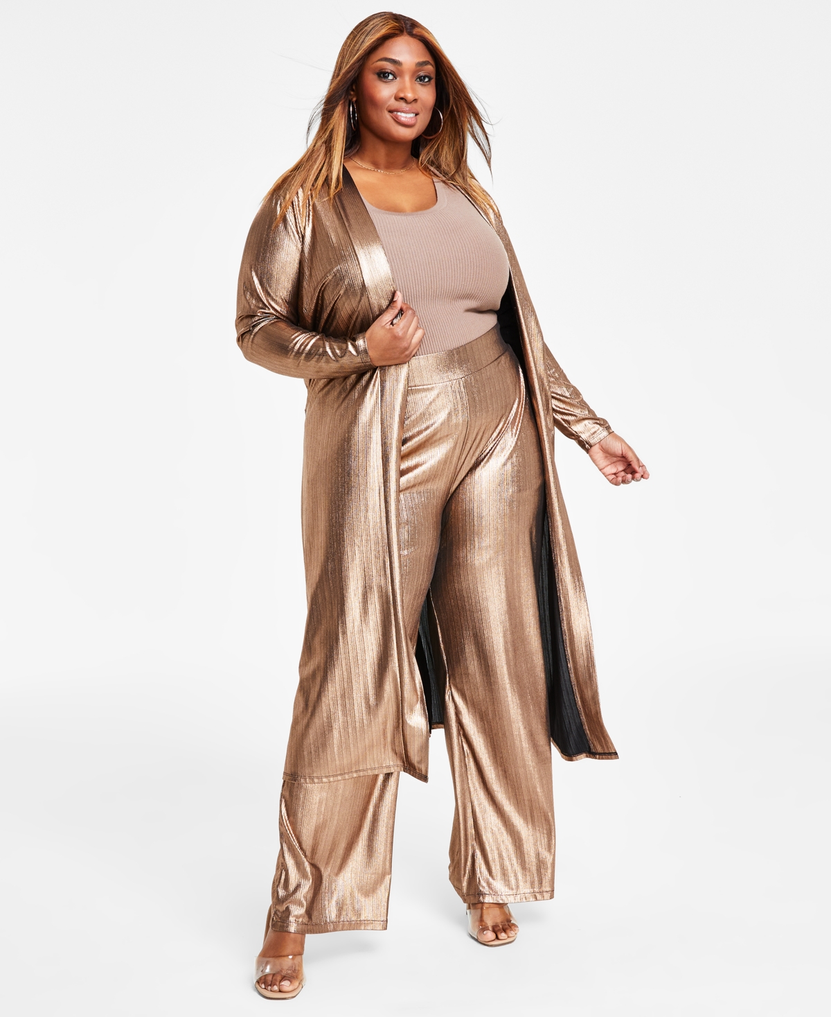 Nina Parker Plus Size Metallic Duster, Created For Macy's In Champagne