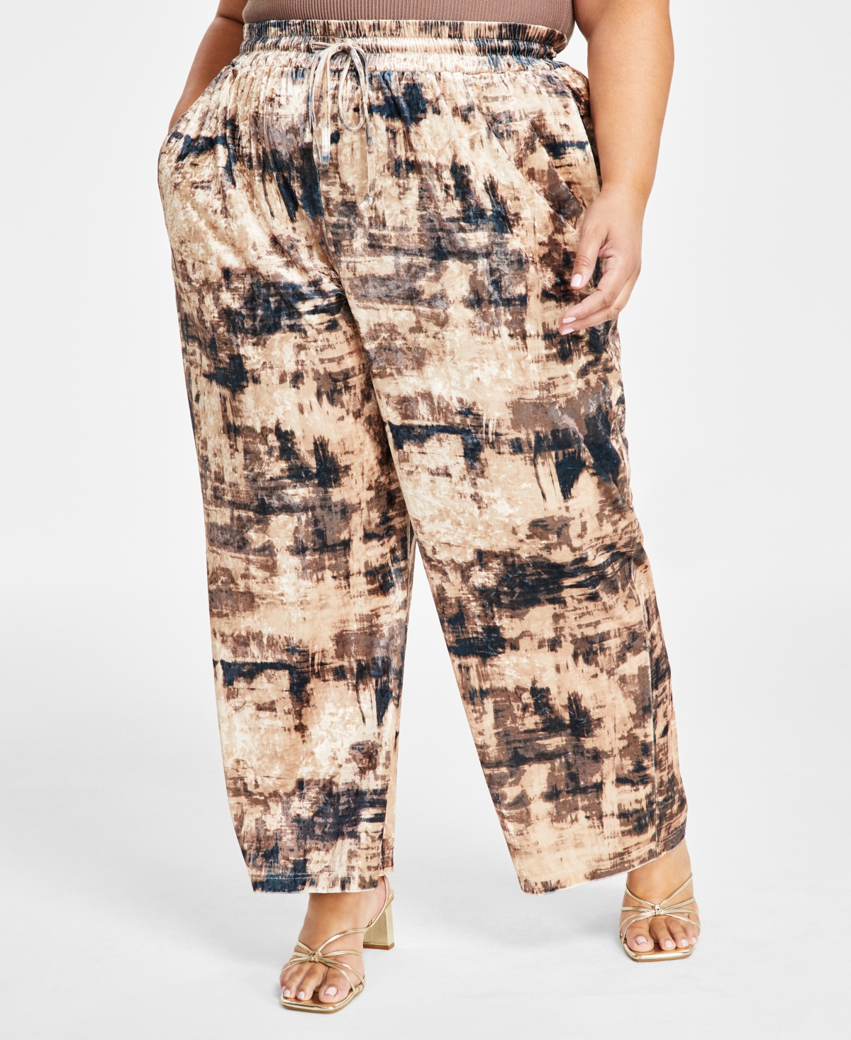 Trendy Plus Size Velvet Wide-Leg Pants - Neutral Distressed Print