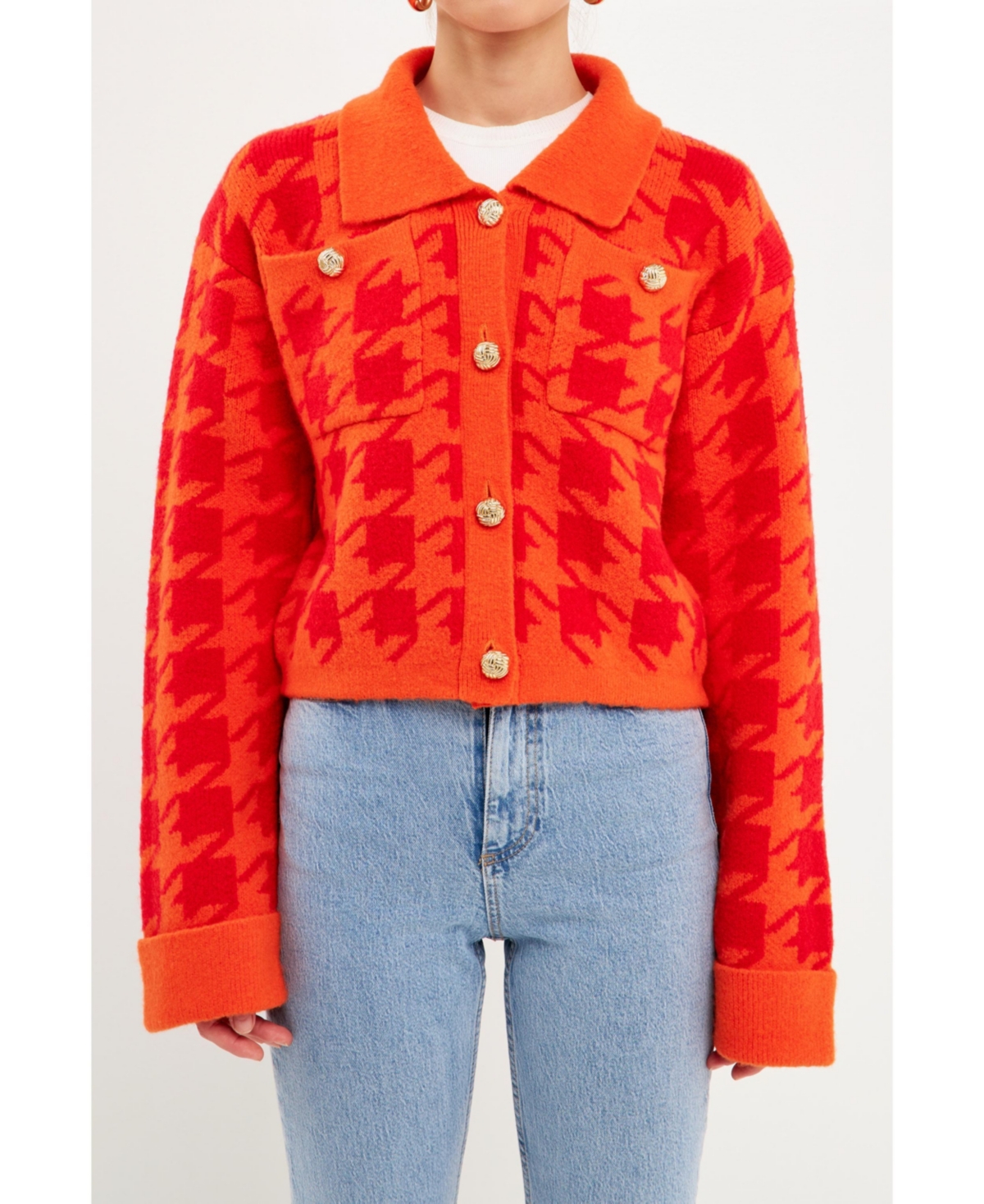 English Factory Houndstooth Cardigan In Orange/red